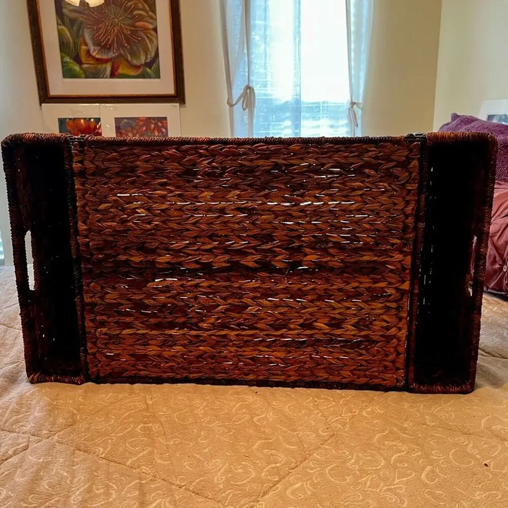 NEW Pottery Barn Rattan Wicker Metal Folding Side Table Tea Brunch Bed Table T…